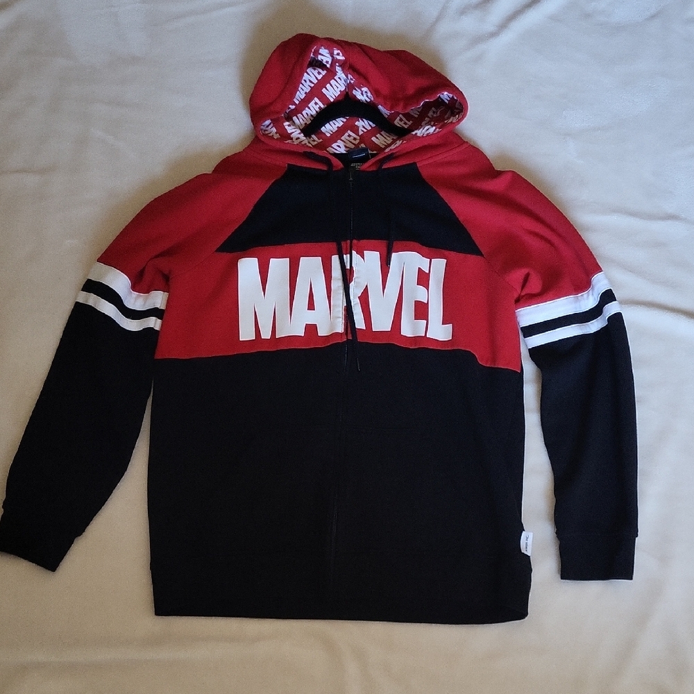 Marvel Red and Black Zip-Up Jacket Hoodie Our Universe Men's XL